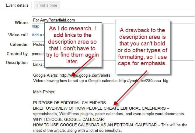 Google Calendar Description with text