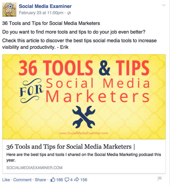 Each time you create a new blog post, pay close attention to the image that gets pulled into the post when fans share it on FB. Create images that instantly say what your post is about.