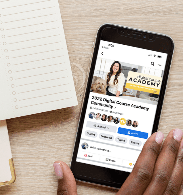 Digital course academy facebook group on smartphone screen