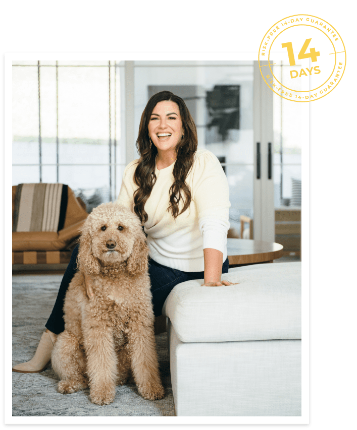 amy porterfield with her dog scout and a 14 day guarantee badge in the top right