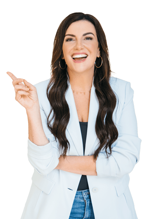 amy porterfield pointing at her digital course resources